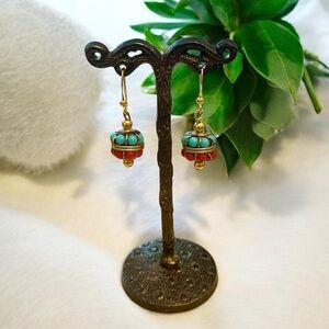 Red Coral Blue Turquoise Gold Dangle Earrings